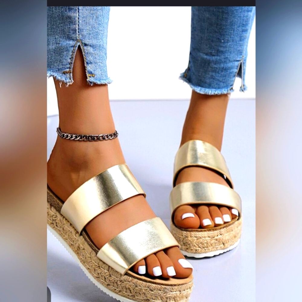 Metallic Gold Double Straps  Sandals New